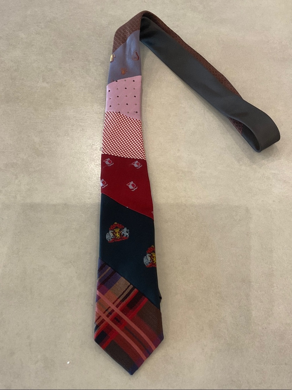 Miu Miu Patchwork Multi-Panel Silk Tie in Red, Pink, Navy, Brown